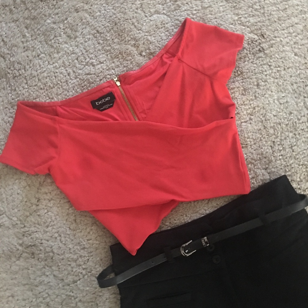 Bebe off the shoulder crisscrossed crop top.